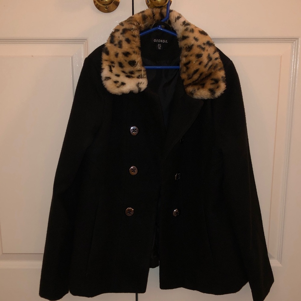 Girl’s Black Pea Coat with Leopard-Print Faux-Fur Collar